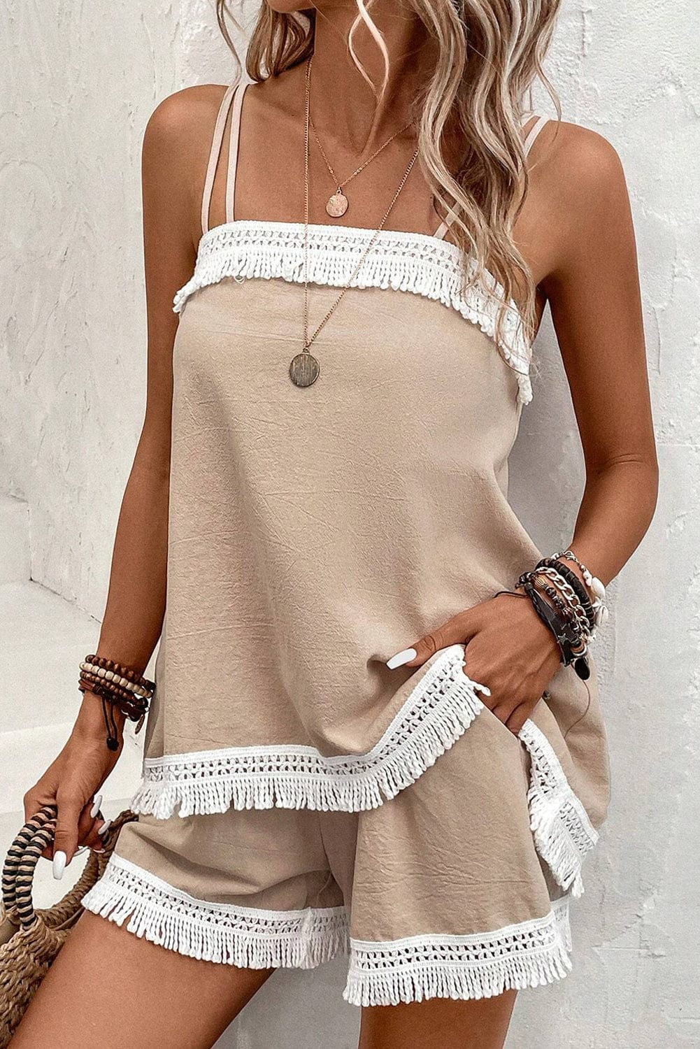 Boho-Chic Pale Khaki Crochet Fringe Two-Piece Short Set