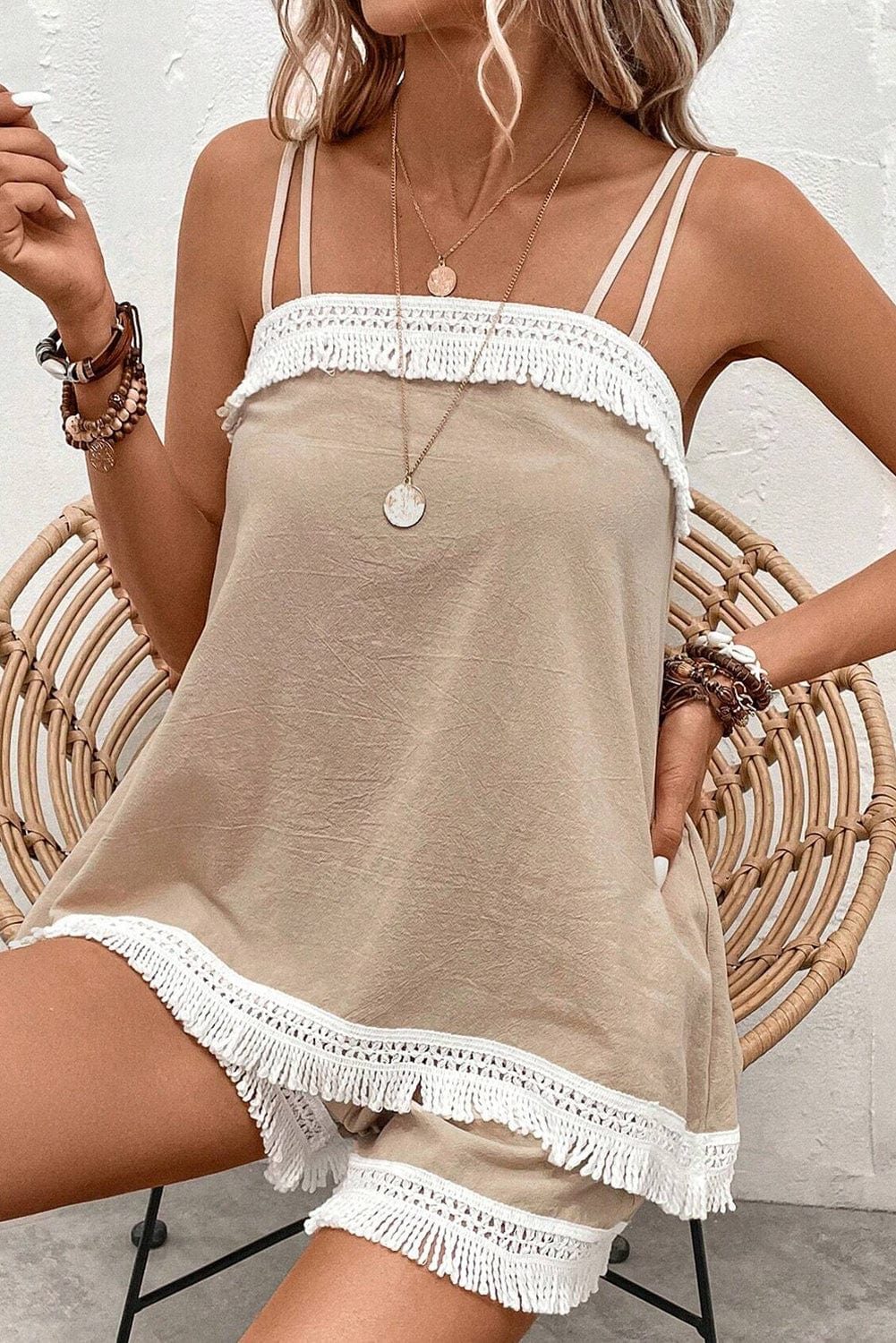 Boho-Chic Pale Khaki Crochet Fringe Two-Piece Short Set