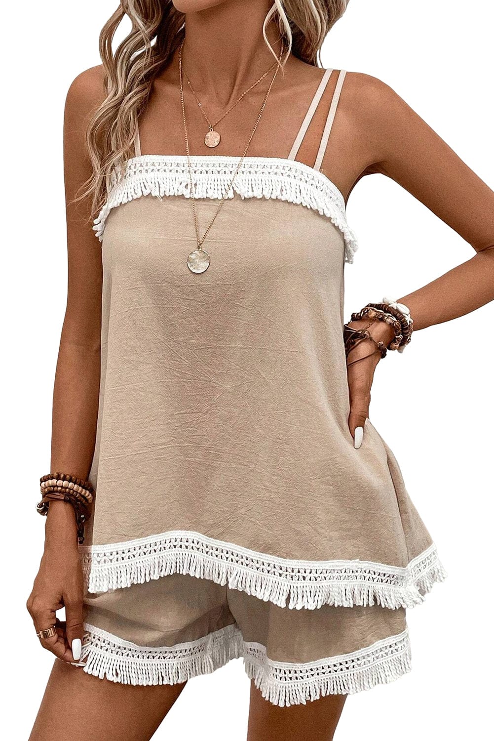 Boho-Chic Pale Khaki Crochet Fringe Two-Piece Short Set