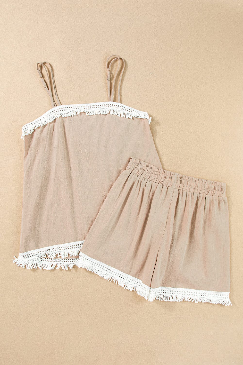 Boho-Chic Pale Khaki Crochet Fringe Two-Piece Short Set