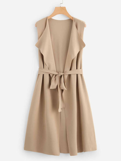 Bow Tie Waist Longline Belted Vest Coat - LuckyFash™