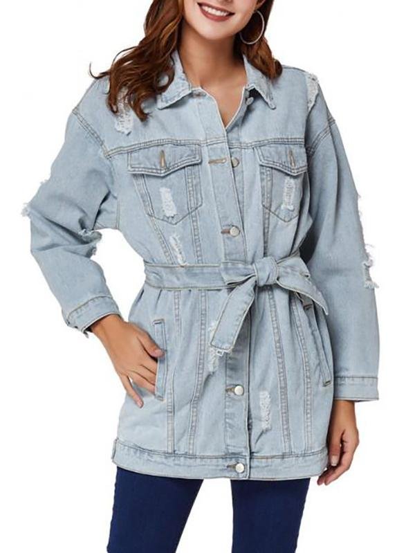 Boyfriend Ripped Light Wash Belt Denim Coat - LuckyFash™