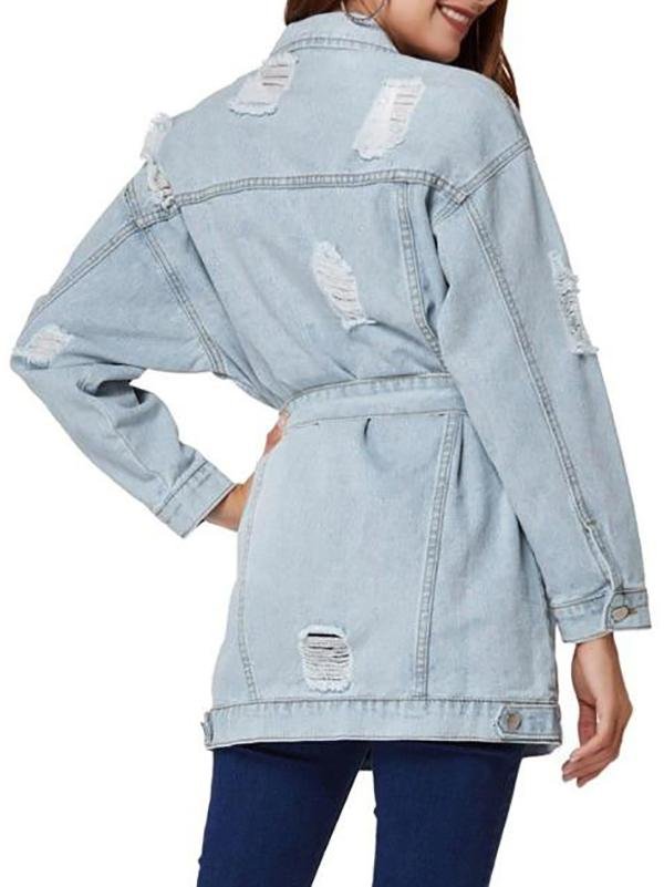 Boyfriend Ripped Light Wash Belt Denim Coat - LuckyFash™