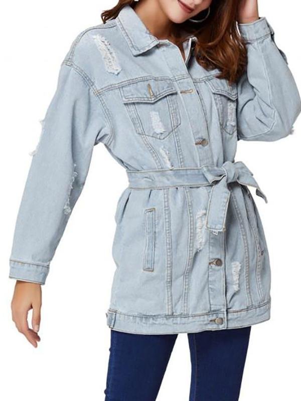 Boyfriend Ripped Light Wash Belt Denim Coat for Women