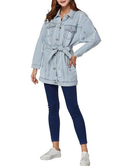 Boyfriend Ripped Light Wash Belt Denim Coat - LuckyFash™