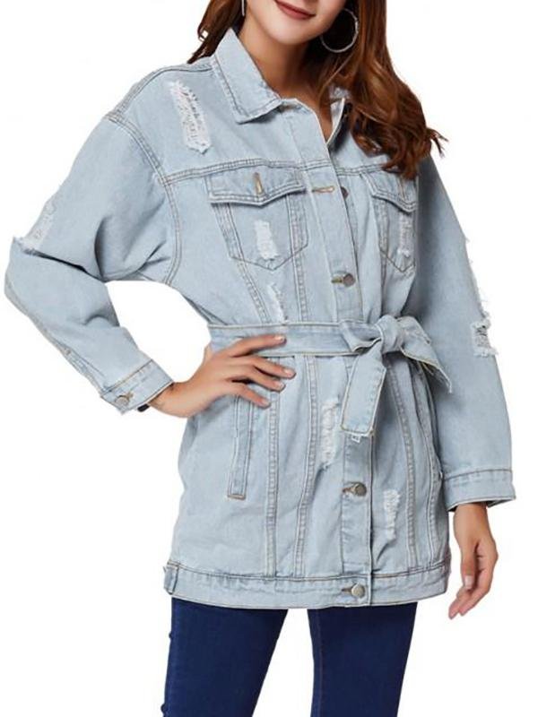 Boyfriend Ripped Light Wash Belt Denim Coat - LuckyFash™