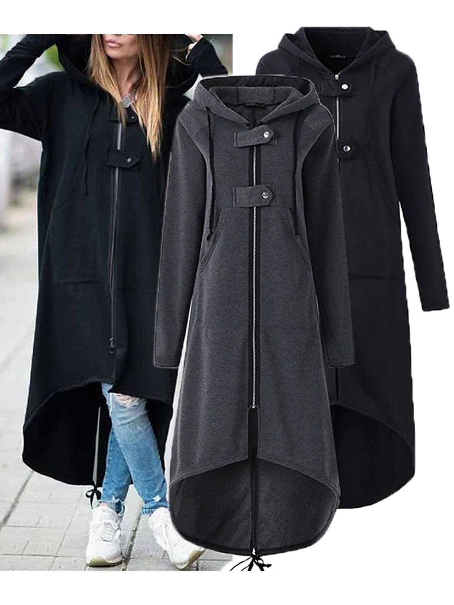 Women's Trench Coat Fall Casual Hoodied Jacket Zipper Windproof Long Coat with Poackets Street Daily Wear Winter Warm Regular Fit Stylish Long Sleeve Plain Black Dark Gray