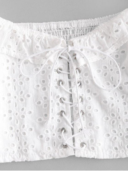 Broderie Anglaise Lace Up Ruffle Milkmaid Crop Blouse - LuckyFash™