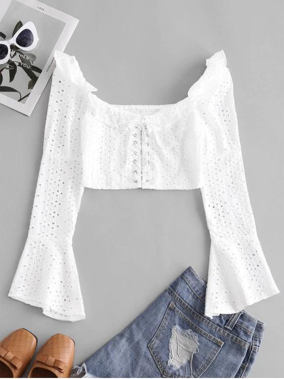 Broderie Anglaise Lace Up Ruffle Milkmaid Crop Blouse - LuckyFash™