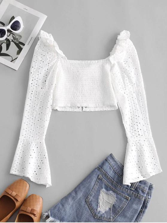 Broderie Anglaise Lace Up Ruffle Milkmaid Crop Blouse - LuckyFash™