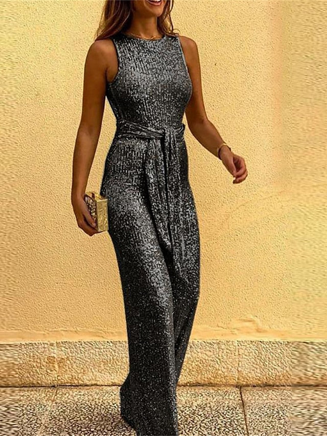 Women's Jumpsuit Backless Sequin Solid Color Crew Neck Elegant Party Prom Regular Fit Sleeveless Black Pink Wine S M L Summer - LuckyFash™