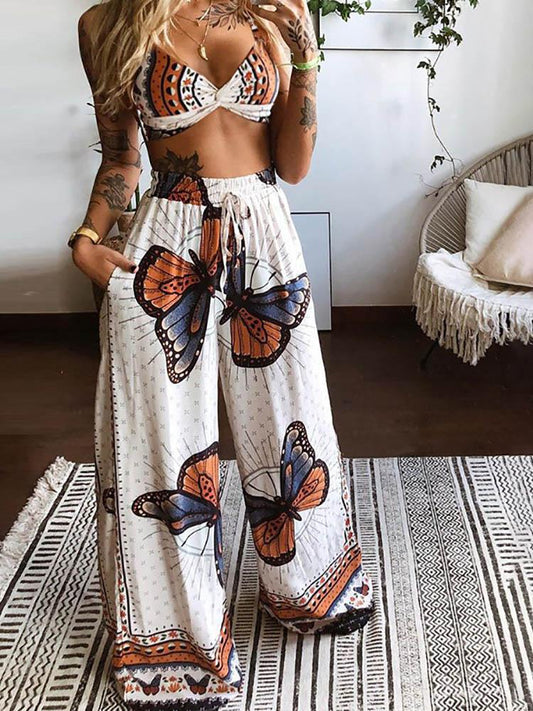 Butterfly Graphic Print Crop Top & Wide Leg Pants Set for Women