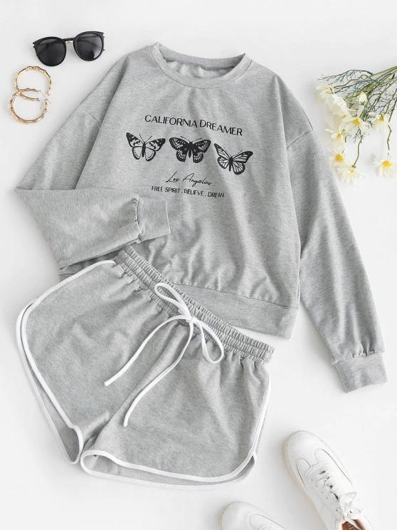 Butterfly Print Sweatshirt and Mini Dolphin Shorts Set - LuckyFash™