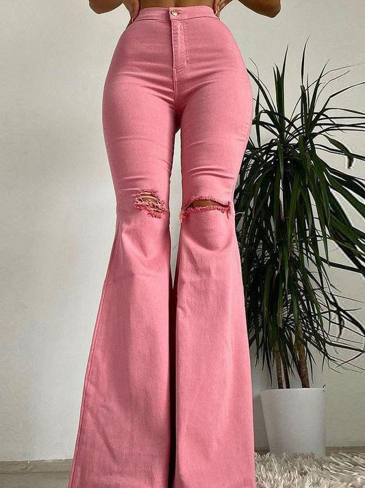Buttocks Ripped Flared Trousers Colored Stretch Denim Jeans for Women