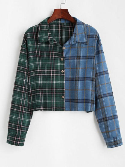 Button Down Contrast Plaid Shirt Jacket - LuckyFash™