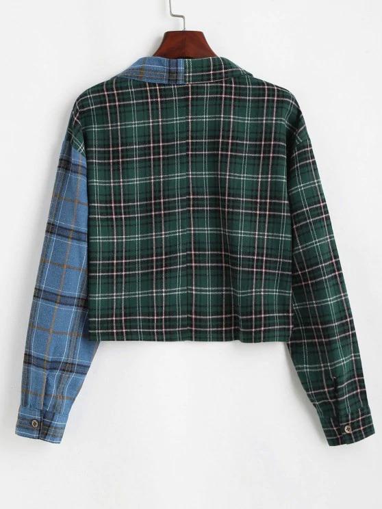 Button Down Contrast Plaid Shirt Jacket - LuckyFash™