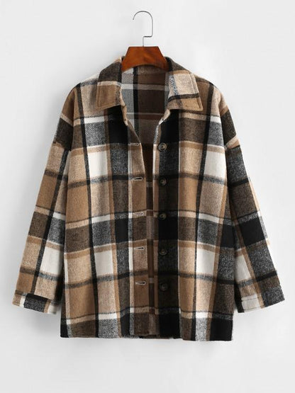 Button Front Plaid Wool Blend Shacket for Women