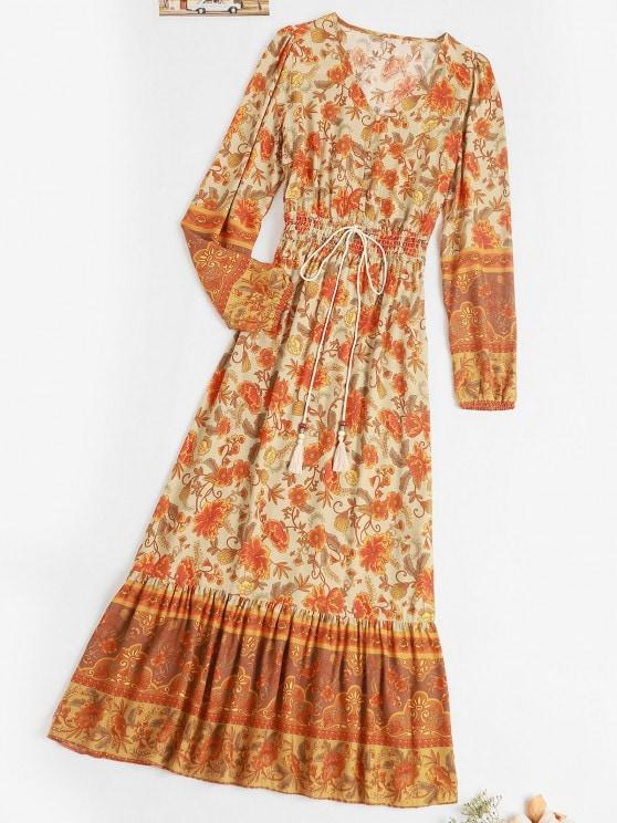 Button Loop Bohemian Printed Tassels Maxi Dress for Women