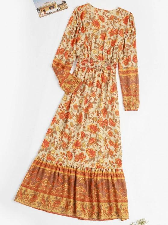 Button Loop Bohemian Printed Tassels Maxi Dress - LuckyFash™