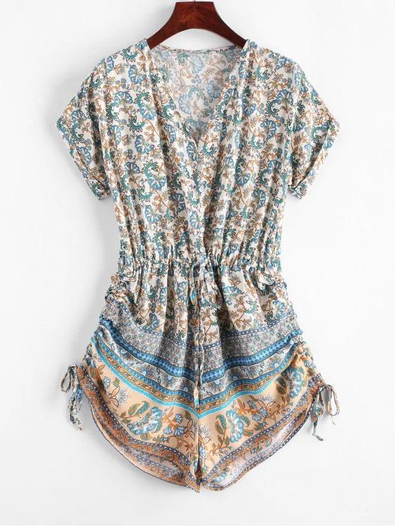 Button Loop Cinched Bohemian Printed Romper - LuckyFash™