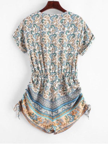 Button Loop Cinched Bohemian Printed Romper - LuckyFash™