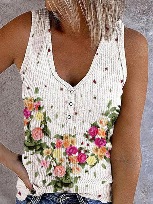 Button Print V-neck Sleeveless Tank Top