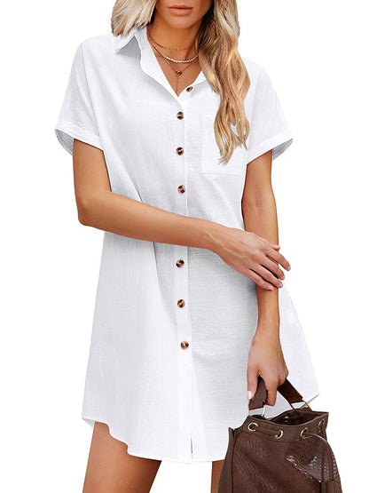 Button Solid Color Lapel Short Sleeve Blouse