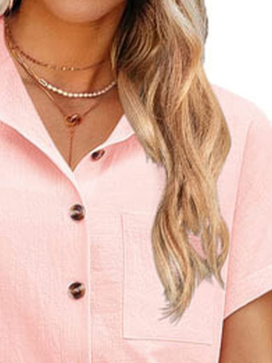 Button Solid Color Lapel Short Sleeve Blouse