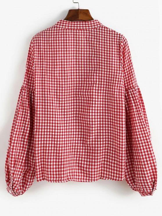 Button Up Gingham Lantern Sleeve Shirt - LuckyFash™