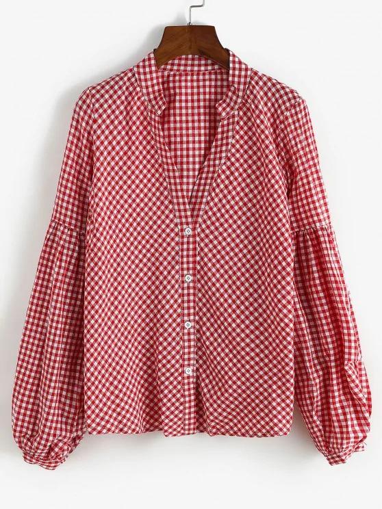 Button Up Gingham Lantern Sleeve Shirt for Women