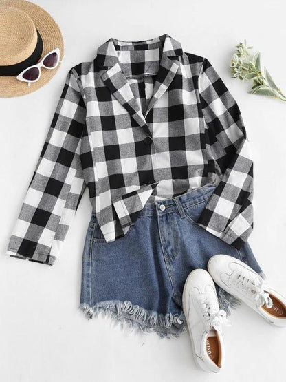 Button Up High Low Slit Plaid Shirt for Women