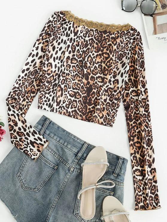 Button Up Lace Trim Leopard Tee - LuckyFash™