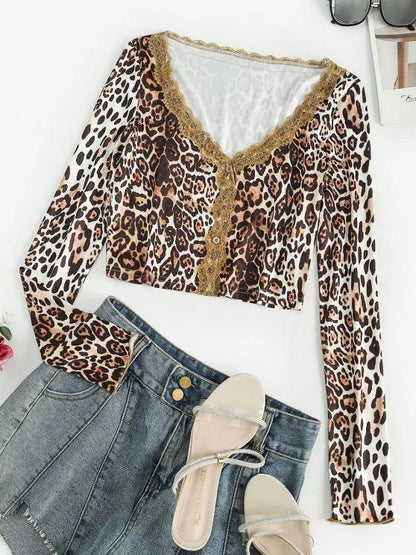 Button Up Lace Trim Leopard Tee for Women