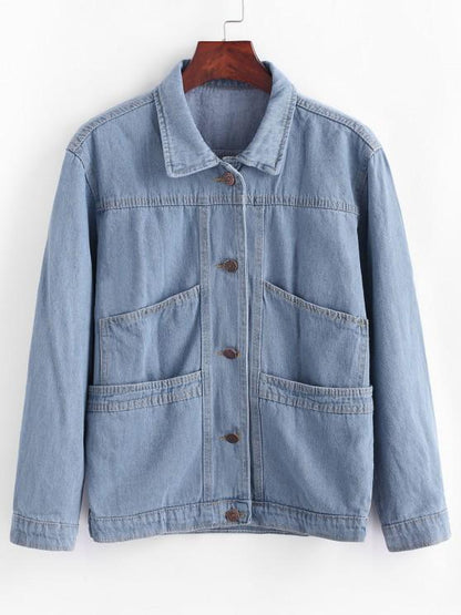 Button Up Ladder Pockets Denim Jacket for Women