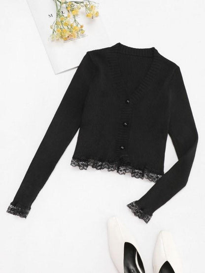 Button Up Scalloped Lace Trim Cardigan - LuckyFash™