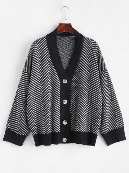 Button Up Stripes Oversized Cardigan for Women