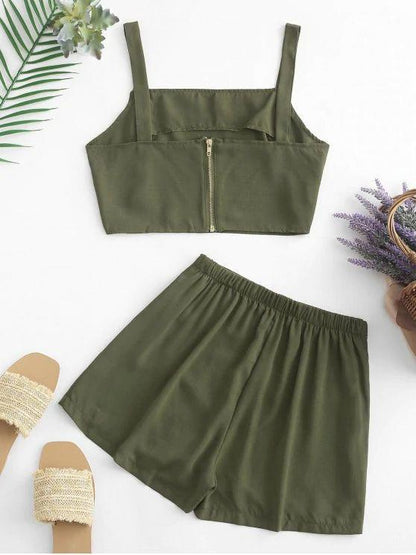 Buttons Crop Top and Overlap Shorts Set - LuckyFash™