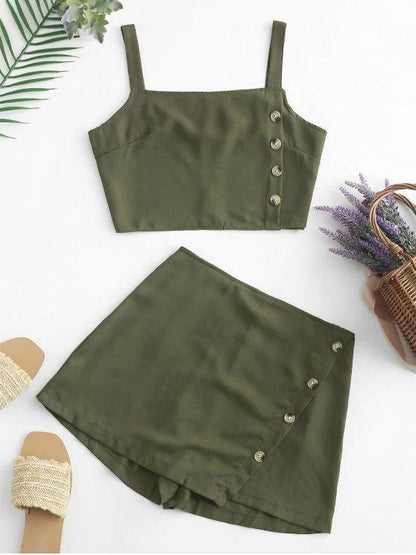 Buttons Crop Top and Overlap Shorts Set - LuckyFash™