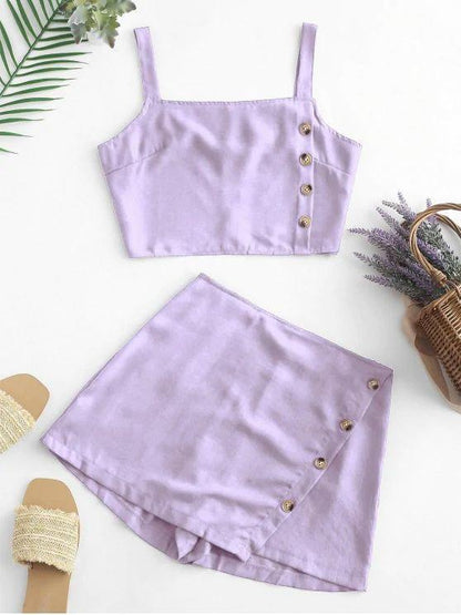 Buttons Crop Top and Overlap Shorts Set - LuckyFash™