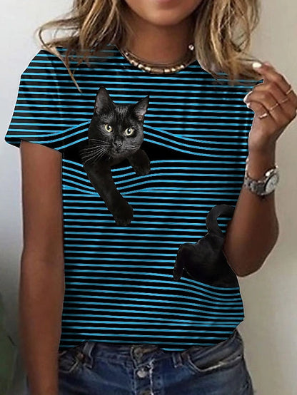 Women's T shirt Tee Black White Light Grey Graphic Cat Print Short Sleeve Casual Daily Cute Vintage Round Neck Regular 3D Cat S - LuckyFash™