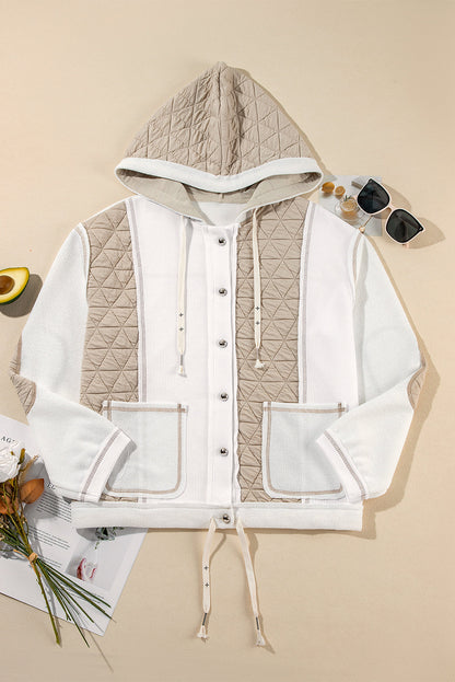 Beige Quilted Textured Patchwork Loose Fit Hooded Jacket