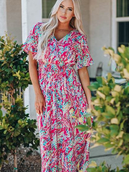 V-Neck Long Sleeve Print Dress