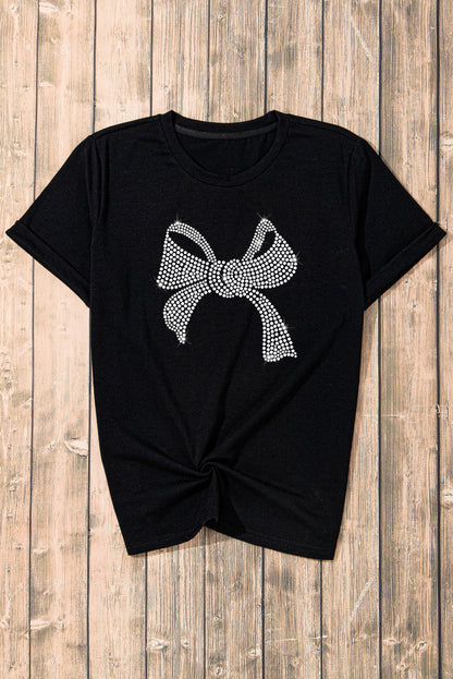 Black Rhinestone Bowknot Graphic Crewneck T Shirt