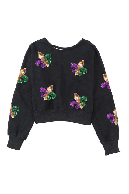 Black Mardi Gras Sequin Fleur De Lis Open Back Sweatshirt