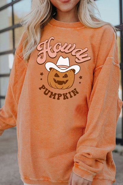 Orange Howdy Pumpkin Halloween Graphic Corded Sweatshirt