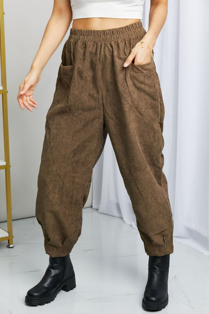 Zenana School Night Corduroy Loose Fit Pants in Mocha