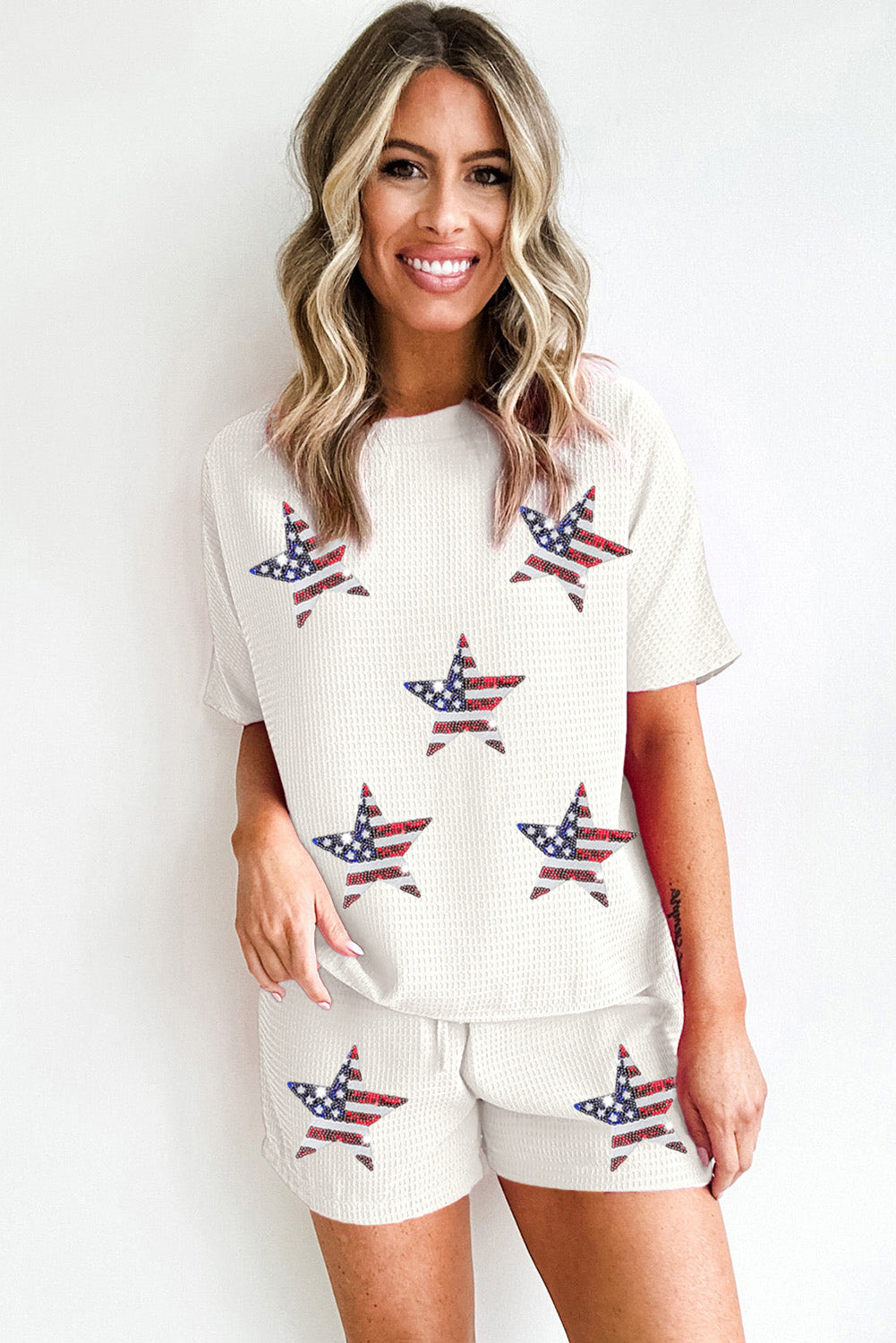 Star Spangled Sequin White Waffle Knit Shorts Set