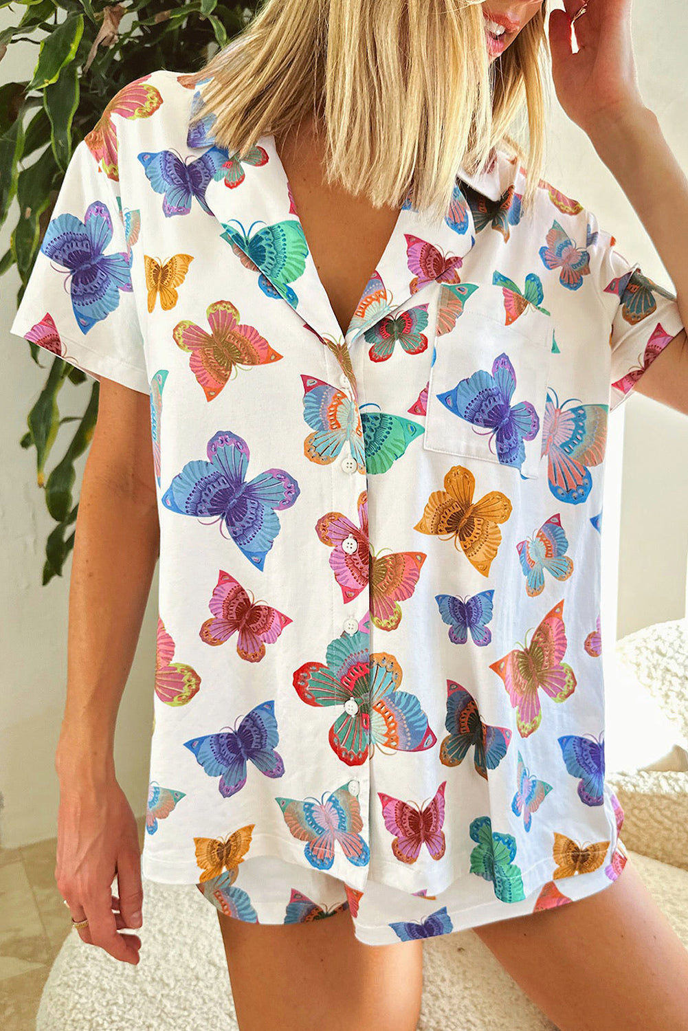 Multicolour Butterfly Pattern Short Sleeve Shirt Pajamas Set