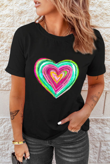 Black Valentine Heart Shaped Print Crew Neck T Shirt