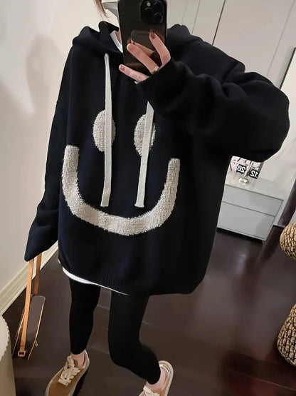 Happy Face Graphic Drawstring Hoodie, Relaxed Fit Long Sleeve Drop Shoulder Top, Women's Fashion